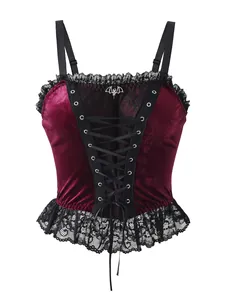 Gothic burgundy velvet corset top featuring black lace trim and a silver bat pendant