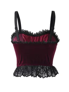 Detailed view of a gothic burgundy velvet camisole with delicate black lace trim and straps