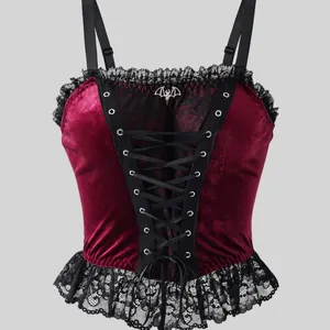 Gothic burgundy velvet camisole top featuring lace-up front design and silver bat pendant detail