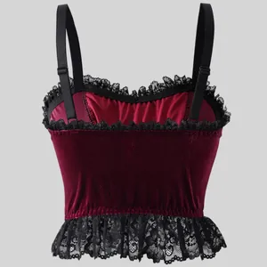 Dark red velvet camisole with black lace trim and adjustable straps in Gothic style