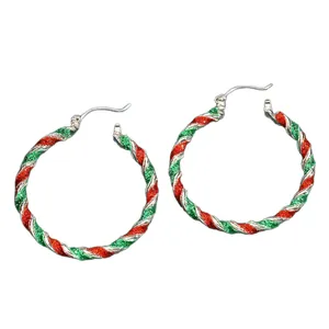 Festive red and green glitter candy cane style large hoop earrings for Christmas jewelry.