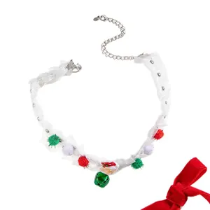 Christmas lace choker necklace with colorful pom-poms and Santa Claus bell pendant