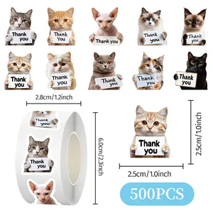 Rouleau de 500 autocollants de chats réalistes mignons tenant des panneaux de merci