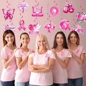 Pink breast cancer awareness hanging decorations with inspirational text for charity events