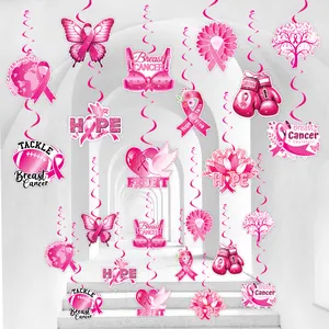 Pink Ribbon Breast Cancer Awareness Hanging Decorations Paper Cards Spiral Swirls For Charity Hope Survivor Party Event Decor