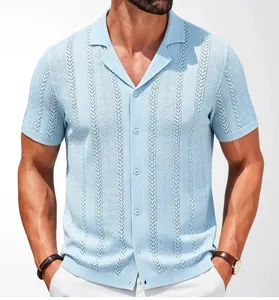 Detailed view of light blue knitted polo with wheat spike jacquard and Cuban collar