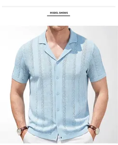 Close-up of light blue men's Cuban collar knit shirt with wheat ear jacquard pattern
