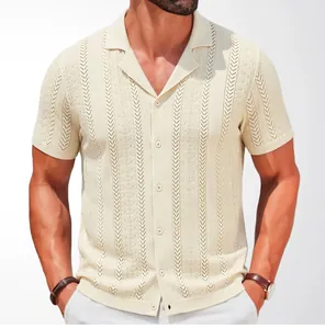 Close-up view of men's cream knit polo shirt with intricate wheat spike texture