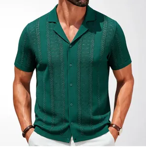 Detailed macro view of green short-sleeve knit polo shirt with wheat-ear jacquard weave