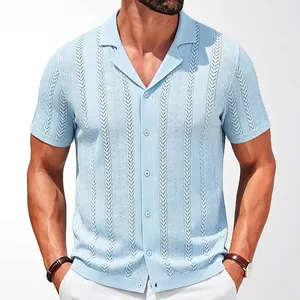 Men Cuban Collar Knit Polo Shirt Vintage Wheat Spike Jacquard Short Sleeve Button Down Cardigan Breathable Viscose Casual Top