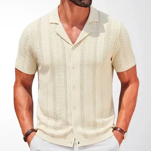 Men's cream Cuban collar knit shirt with elegant wheat ear jacquard pattern