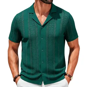 Stylish men's green knit polo shirt with Cuban collar and wheat ear jacquard pattern