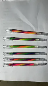 Detail view of six transparent gel pens featuring a vibrant three-color gradient ink spiral.