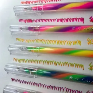 Macro detail of rainbow gradient gel pens and colorful ink scribbles on paper.