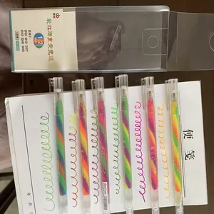 Detail of rainbow gradient gel pens with multi-color ink swirls on white paper