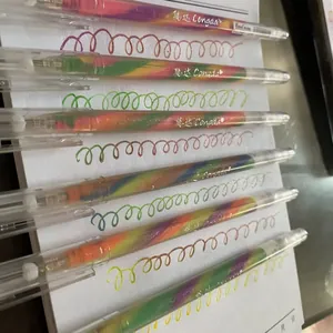 Detail of rainbow gradient gel pens showing multi-color writing effect on paper