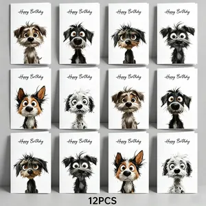 Lot de 12 cartes d'anniversaire avec de mignonnes et originales illustrations de chiens
