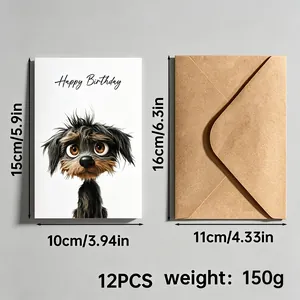 Détail de cartes de vœux chien dessin animé avec enveloppes kraft et dimensions pour 12 pièces