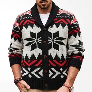 Heren Retro Etnisch Jacquard Gebreid Vest Sjaalkraag Sneeuwvlok Knoop Polyester Trui Jas Winter Casual Warm Top