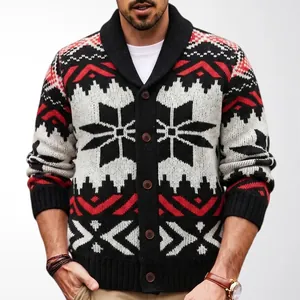 Heren vest in retro etnische jacquard gebreide stijl met sneeuwvlok en sjaalkraag