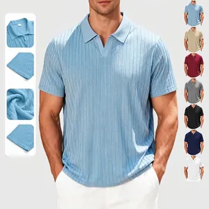 Men's Casual Vertical Stripe Jacquard Polo Shirt Breathable Polyester Short Sleeve Notch Neck Summer Vacation Top