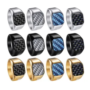 Stainless Steel Signet Ring For Men Gold Silver Black Carbon Fiber Inlay Square Geometric Finger Ring Jewelry Accessories
