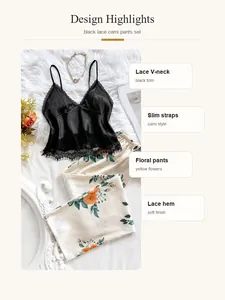Detail view of black lace cami and floral pajama pants highlighting design features.