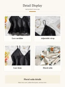 Detailed view of women's black lace camisole and yellow floral satin sleepwear set.