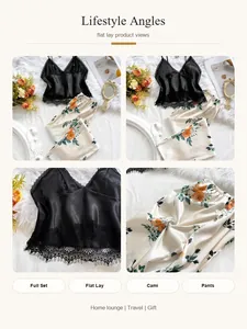 Macro details of floral print satin pants and black lace cami pajama set.