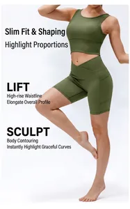 Nahaufnahme von olivgrünem Yoga-Tanktop und Shorts mit überkreuztem Bund Set