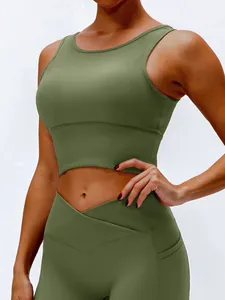 Hoch tailliertes olivgrünes Ripp-Yoga-Set mit bauchfreiem Top und V-Schnitt Leggings für Damen