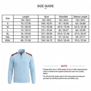 Size chart and detail for light blue men's jacquard stand-collar sweater pullover.