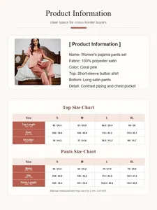 Full product specifications and detailed size charts for women's coral pink satin pajama set