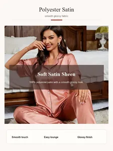 Close-up detail of women's rose gold polyester satin pajama set with smooth glossy finish