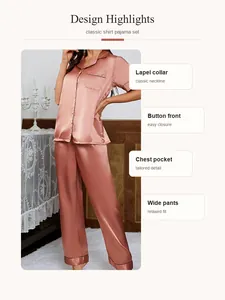 Detail view of a rose gold satin pajama set featuring a lapel collar and button front.