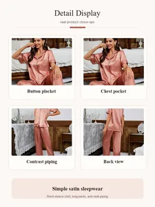 Close-up of pink satin pajama set showing button placket and contrast piping details