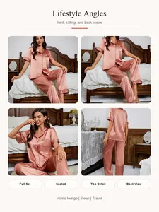 Detailed lifestyle views of a silky rose gold women's short sleeve pajama set.