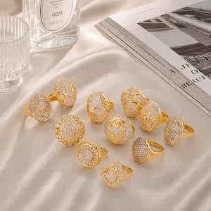 Gold Plated Stainless Steel Adjustable Open Ring Zirconia Rhinestone Geometric Hollow Flower Banquet Jewelry For Women