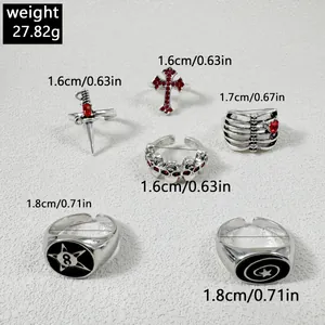 Juego de 6 anillos vintage gothic punk con diseños de calavera y cruz y medidas