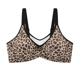 Detailed view of a plus size leopard print wired bra with ultra-thin smooth fabric cups