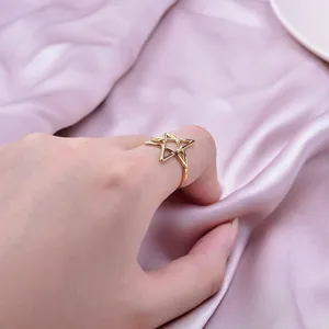 Gold pentagram star ring in 304 stainless steel, minimalist adjustable open design on hand