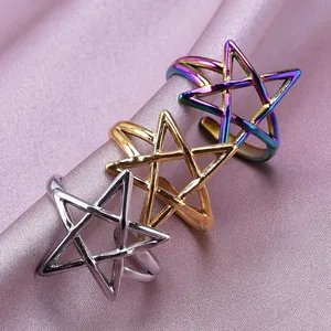Minimalist stainless steel open star rings in silver, gold, and rainbow finish