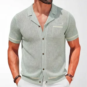 Men Cuban Collar Knit Short Sleeve Shirt Pointelle Hollow Breathable Viscose Cardigan Polo Shirt Contrast Stripe Knitwear Top