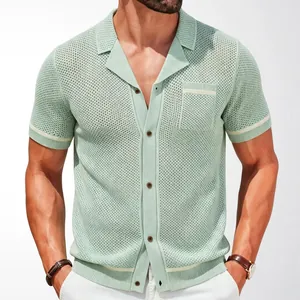 Casual men's Cuban collar knit shirt with hollow breathable mesh design in sage green