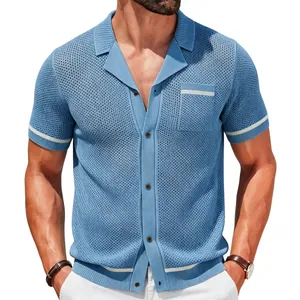 Casual men's Cuban collar knit shirt with hollow breathable short sleeves in light blue