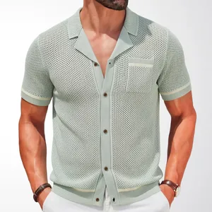 Sage green men's short sleeve knit polo shirt with Cuban collar and hollow out mesh