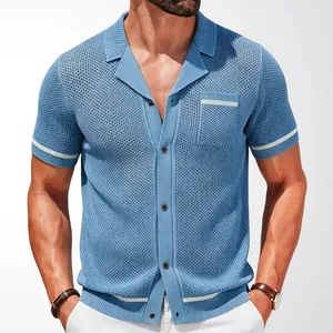 Light blue men's knitted short sleeve shirt with Cuban collar and hollow out texture