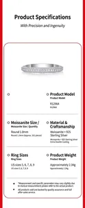 Detailed specification chart for S925 sterling silver moissanite pave eternity ring