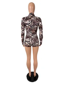 Back view detail of a sexy leopard print long sleeve slim fit bodysuit for women
