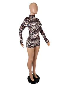 Detailed side view of a leopard print long sleeve bodycon romper on a mannequin